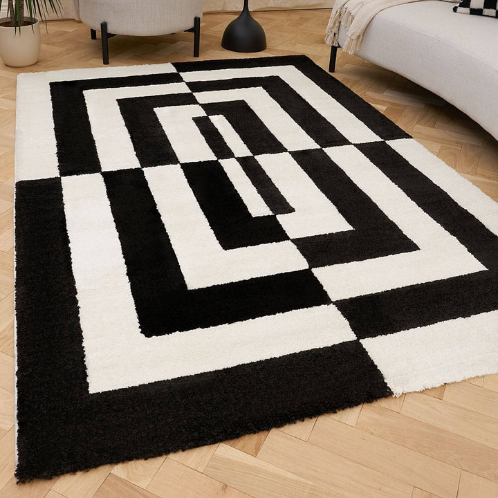 Black and white geometric patterned rug