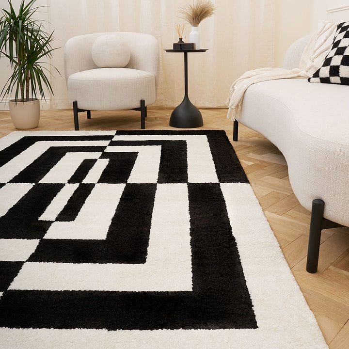Black and white geometric patterned rug