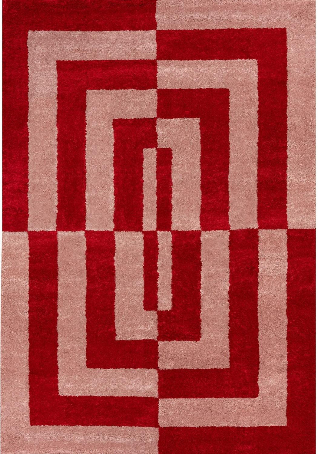 Red and beige geometric patterned rug
