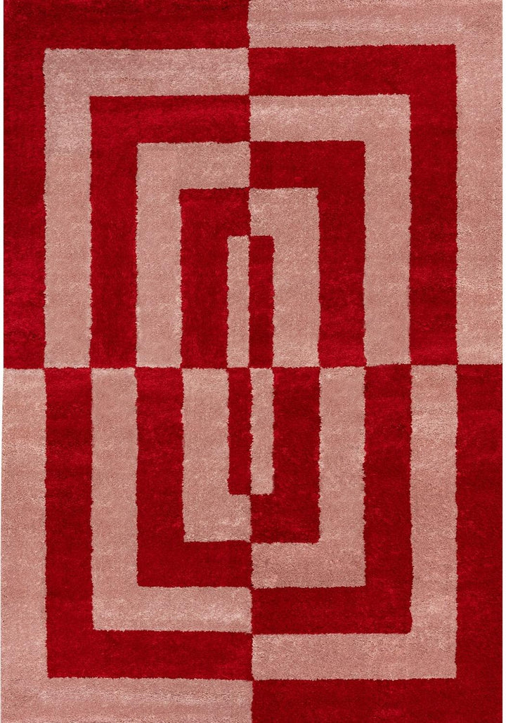 Red and beige geometric patterned rug