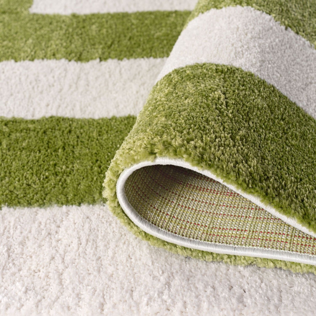 Close-up of a green and white striped rug with a textured border.