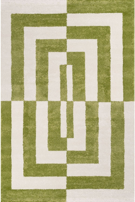 Green and white geometric patterned rug