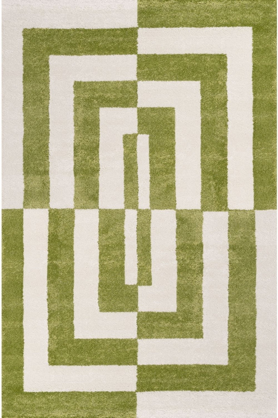 Green and white geometric patterned rug