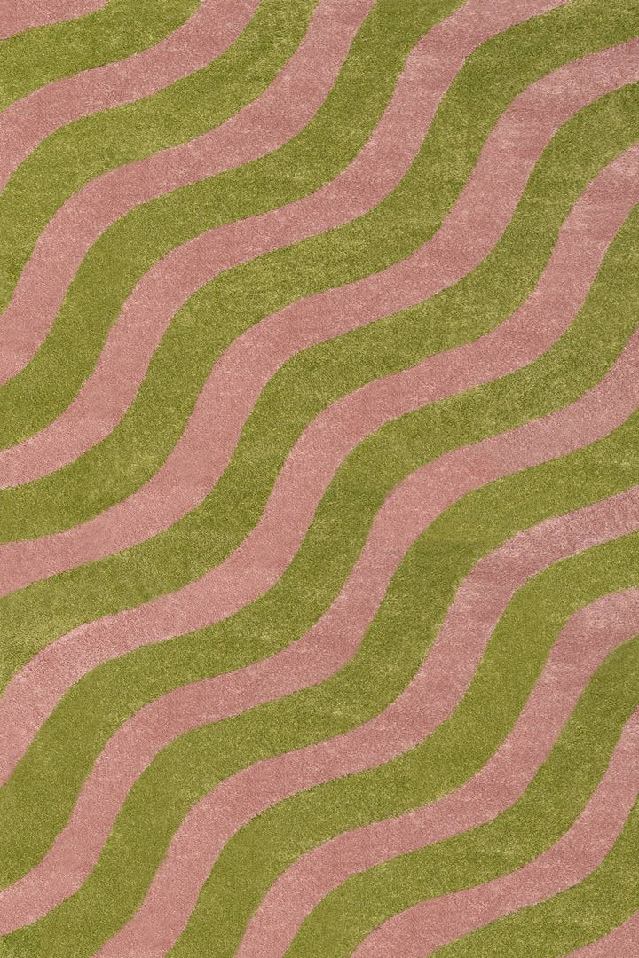 Wavy patterned fabric with green and pink wavy lines