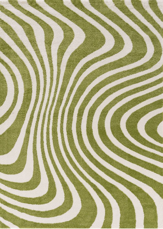 Rug with green and white wavy pattern