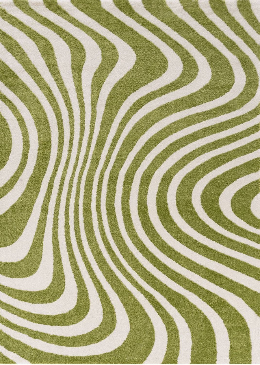 Rug with green and white wavy pattern