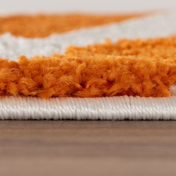 Close-up of an orange and white striped rug on a wooden floor.