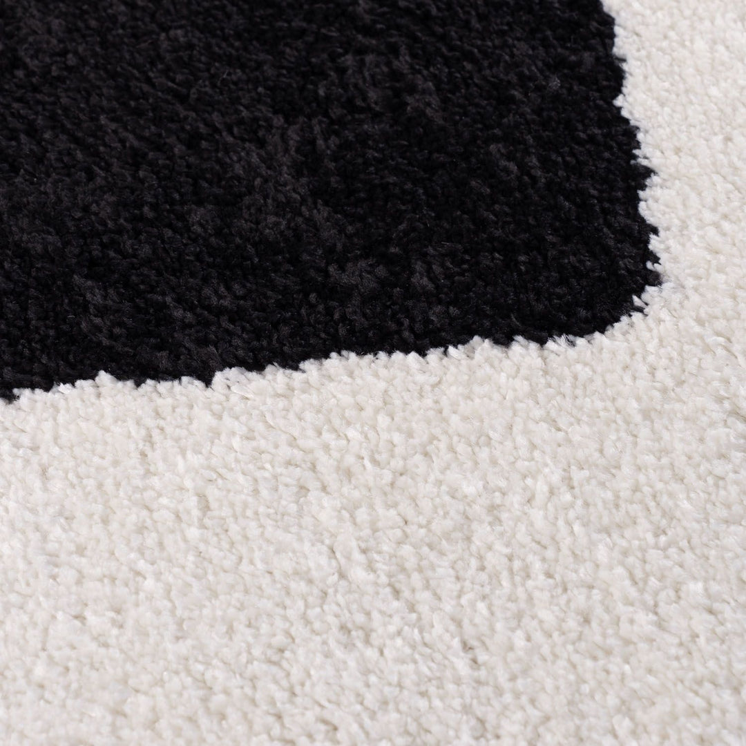 Close-up of black and white textured rug corner