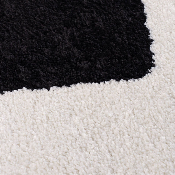 Close-up of black and white textured rug corner