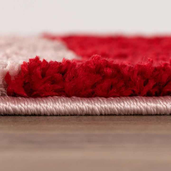 Close-up of a red and beige rug on a wooden floor.