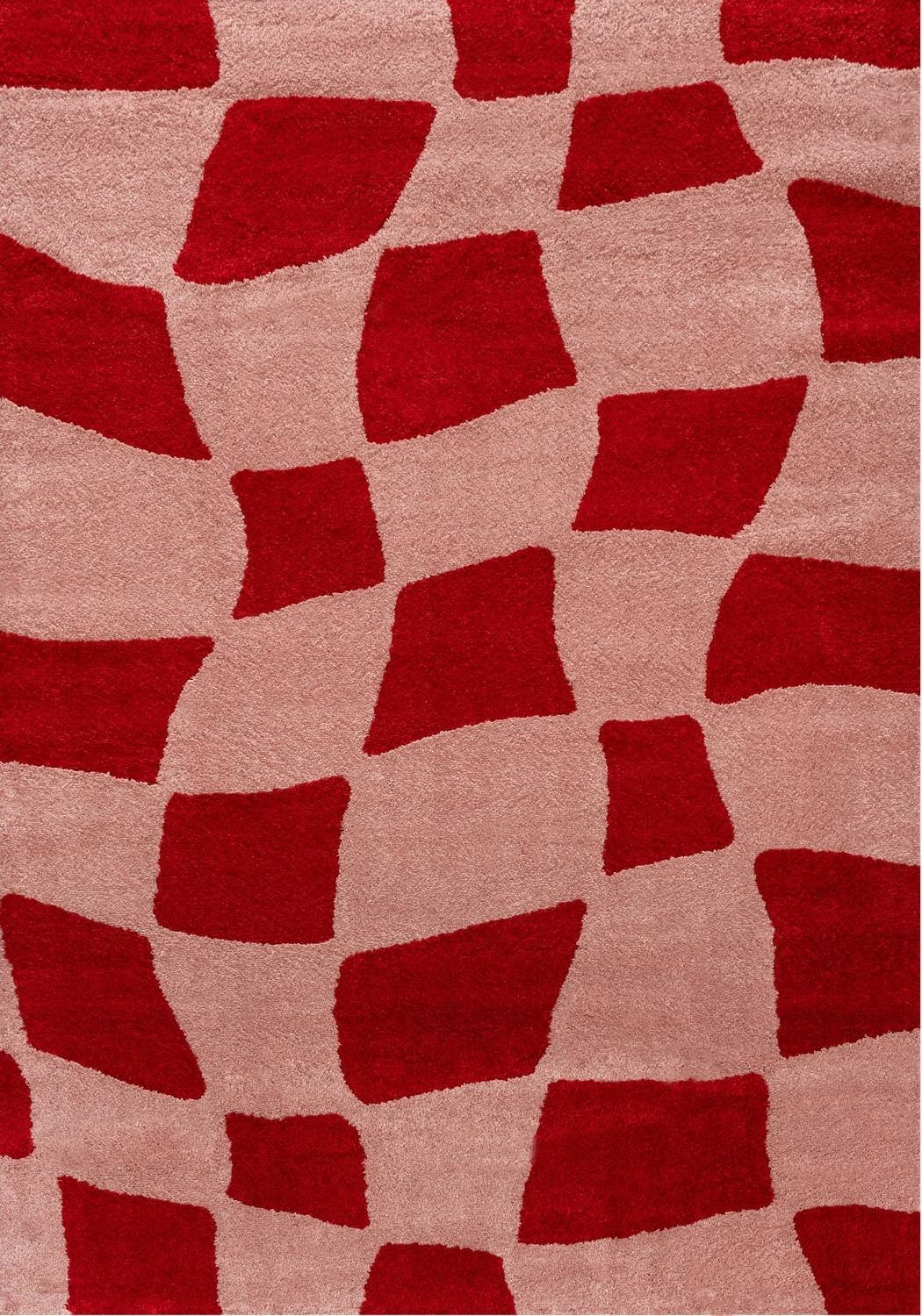 Red and beige patterned rug with geometric shapes