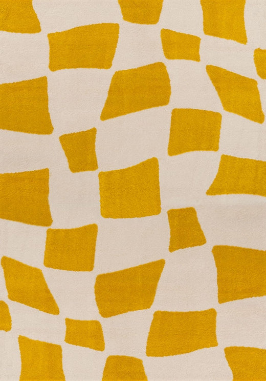 Patterned fabric with yellow geometric shapes on a beige background