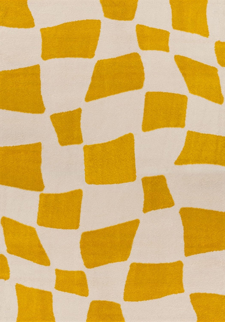 Patterned fabric with yellow geometric shapes on a beige background
