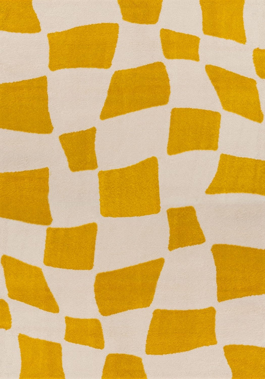 Patterned fabric with yellow geometric shapes on a beige background