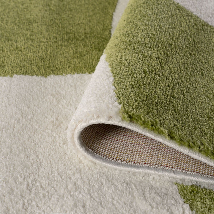 Close-up of a green and beige checkered rug with a textured border.