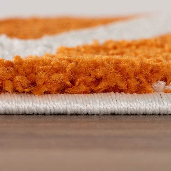 Close-up of an orange and white striped rug on a wooden floor.