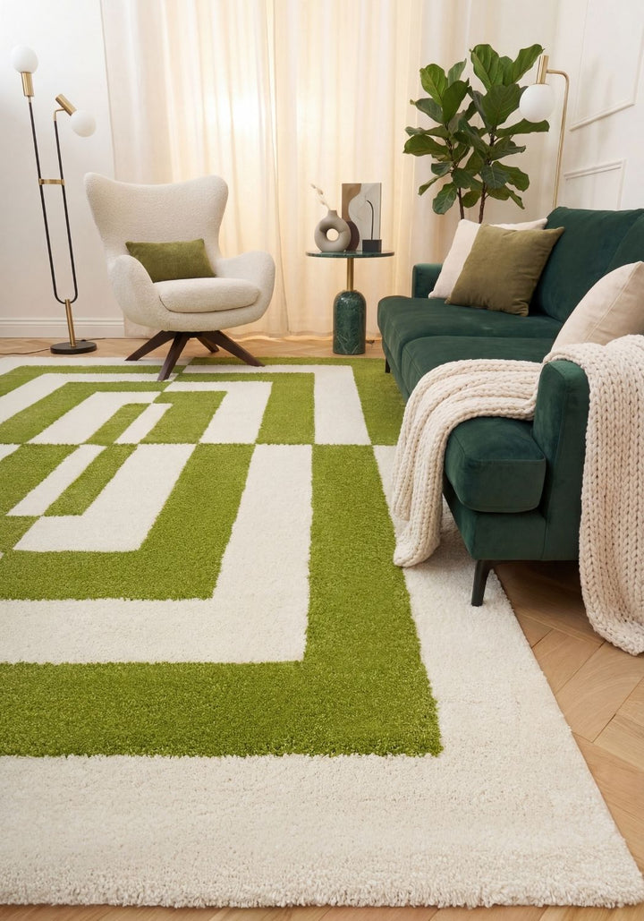 Living room with a green and white checkered rug, green sofa, and white armchair.