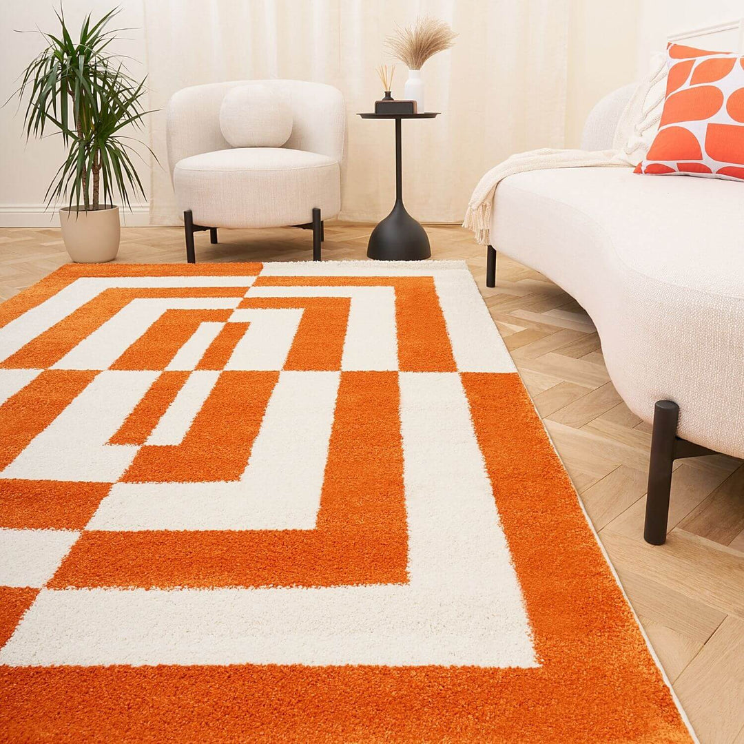 Orange and white geometric patterned rug in a living room setting with a sofa and plant.