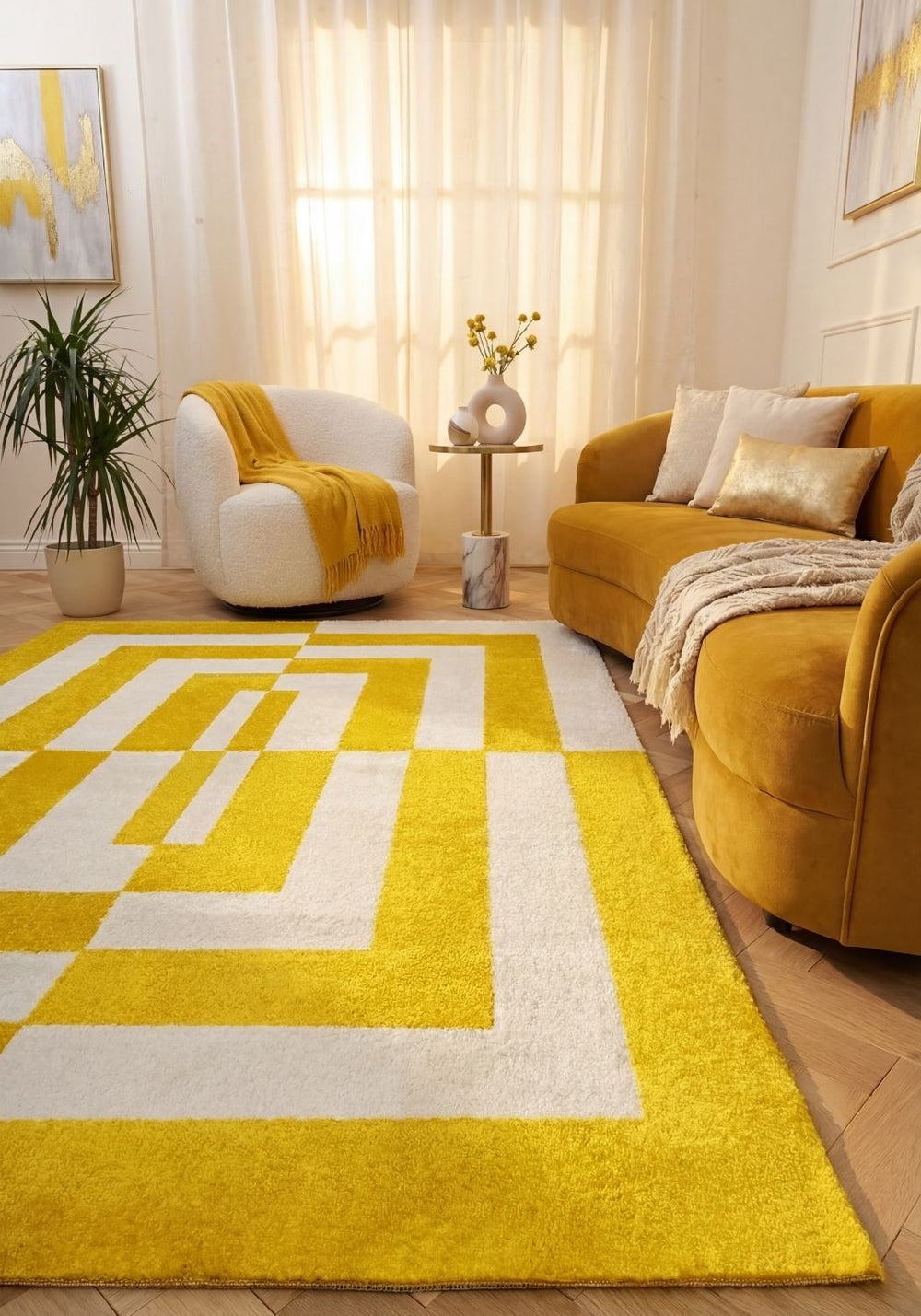 Living room with a yellow and white geometric rug, mustard sofa, and white armchair.