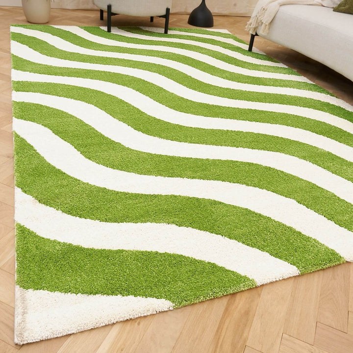 Joli Wave Green & White Rug, Fade-proof