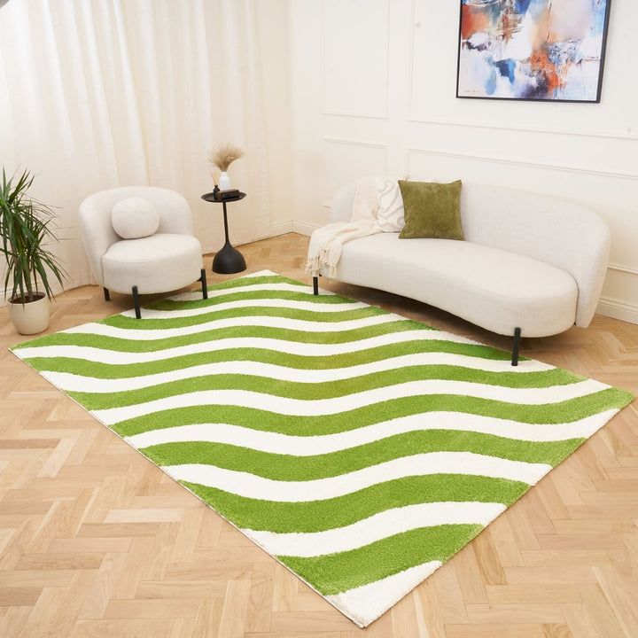 Joli Wave Green & White Rug, Fade-proof