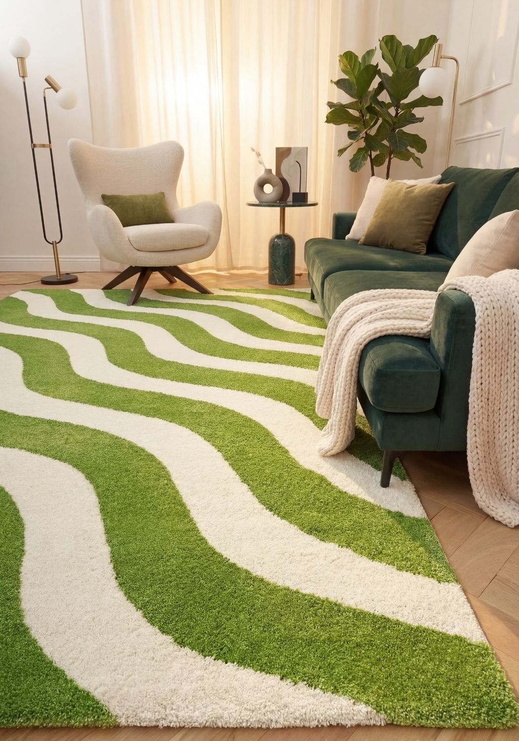 Joli Wave Green & White Rug, Fade-proof
