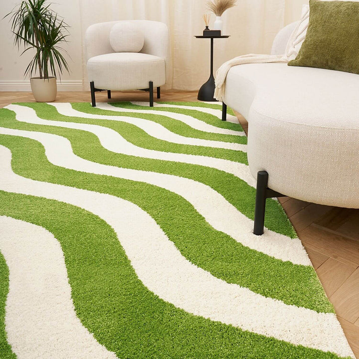 Joli Wave Green & White Rug, Fade-proof