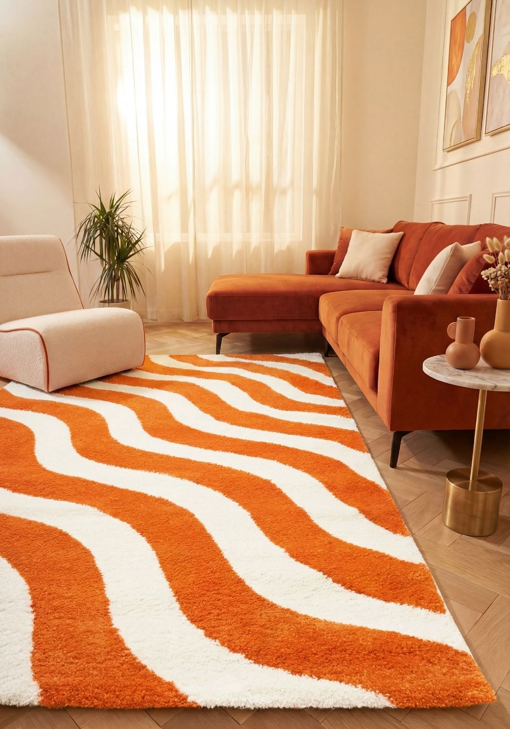 Rug with orange and white wavy pattern