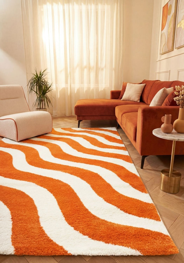 Rug with orange and white wavy pattern