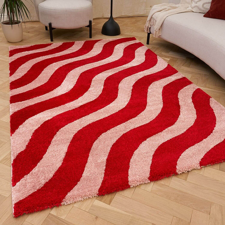 Red and beige wavy patterned rug