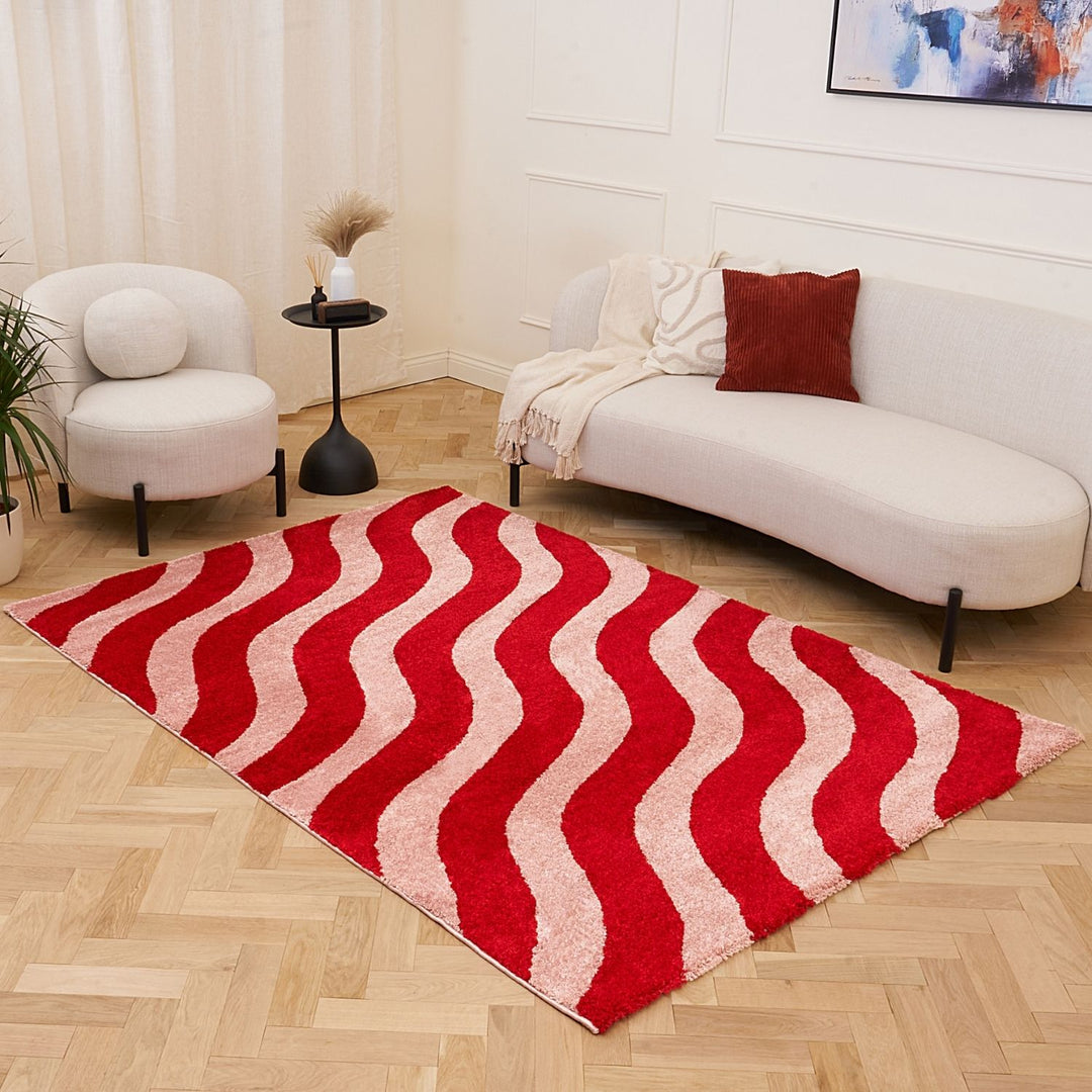 Red and beige wavy patterned rug