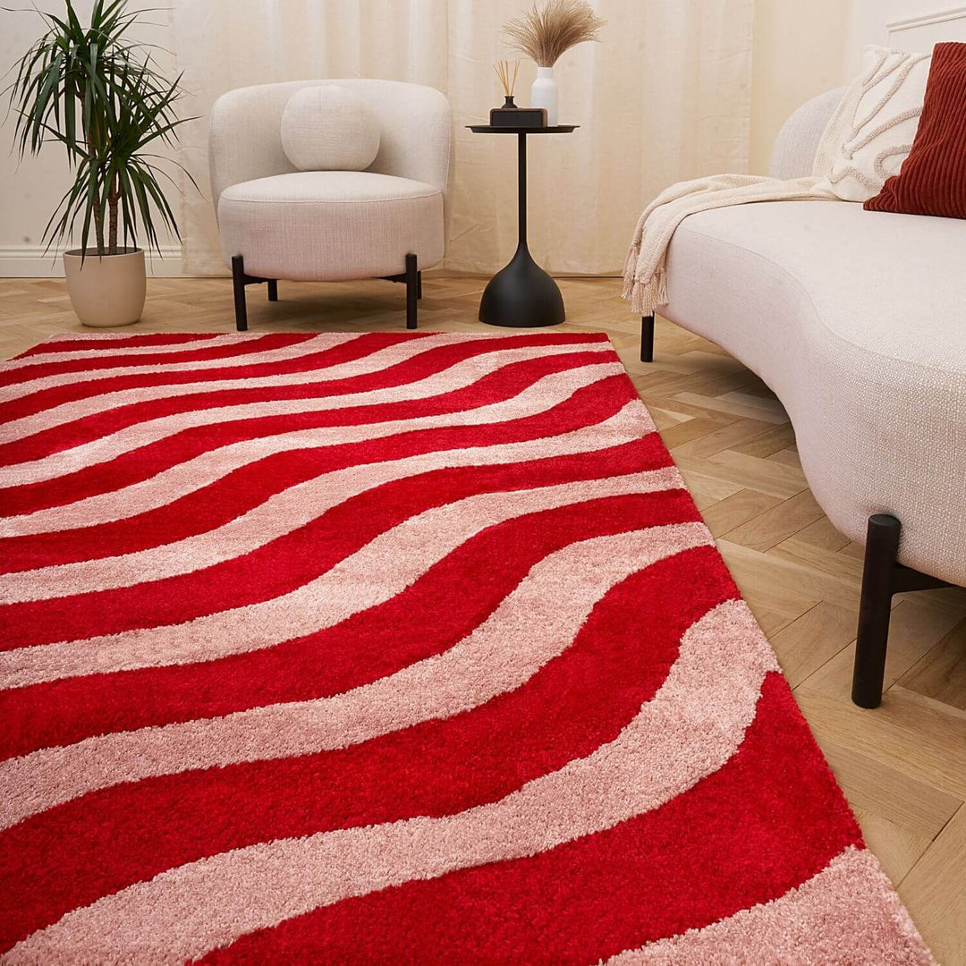Red and beige wavy patterned rug