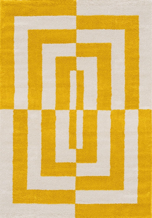 Yellow and white geometric patterned rug