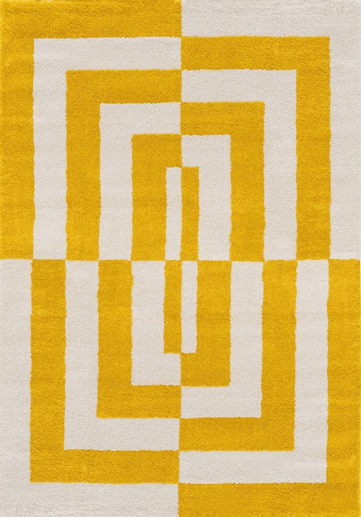 Yellow and white geometric patterned rug