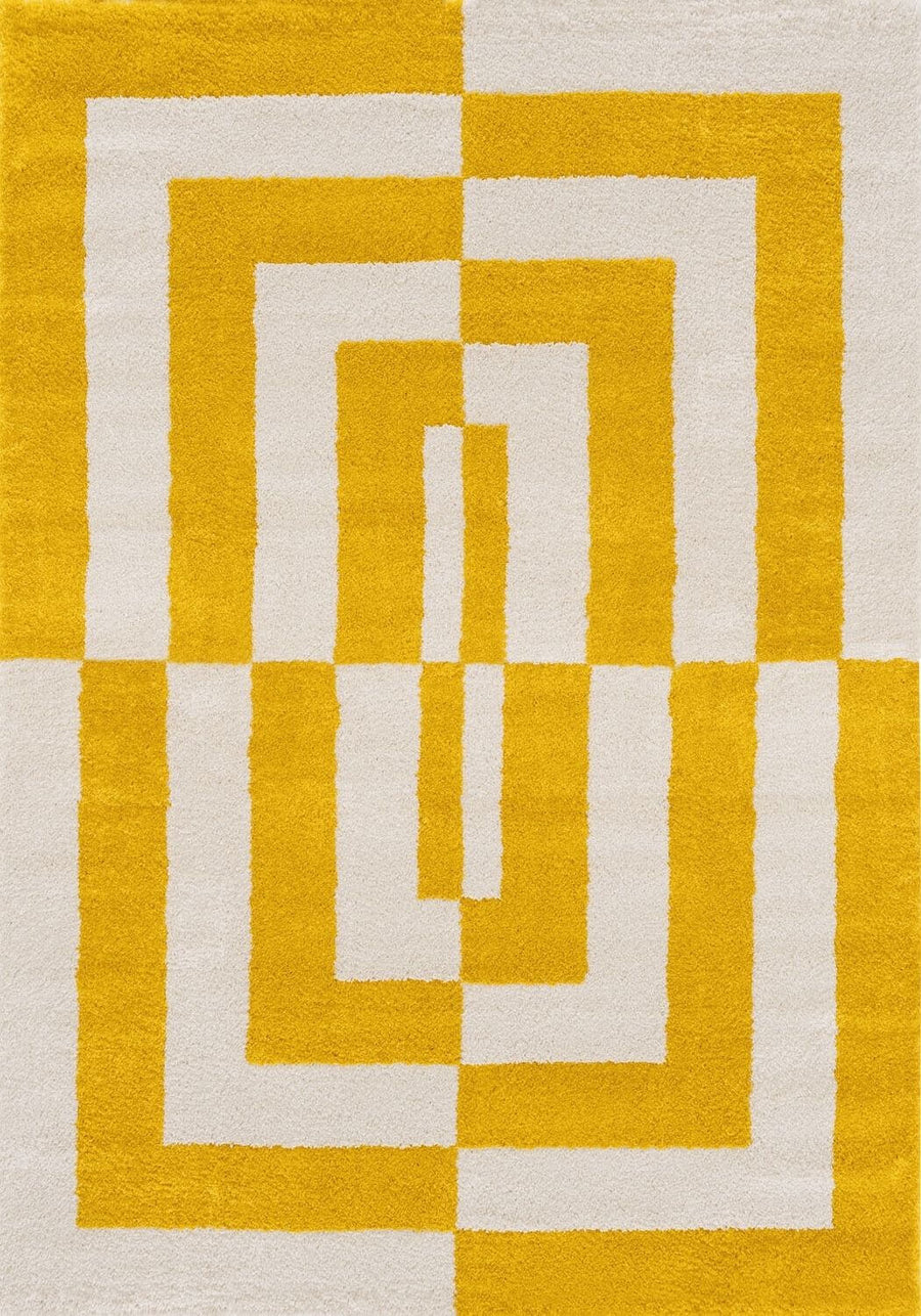 Yellow and white geometric patterned rug