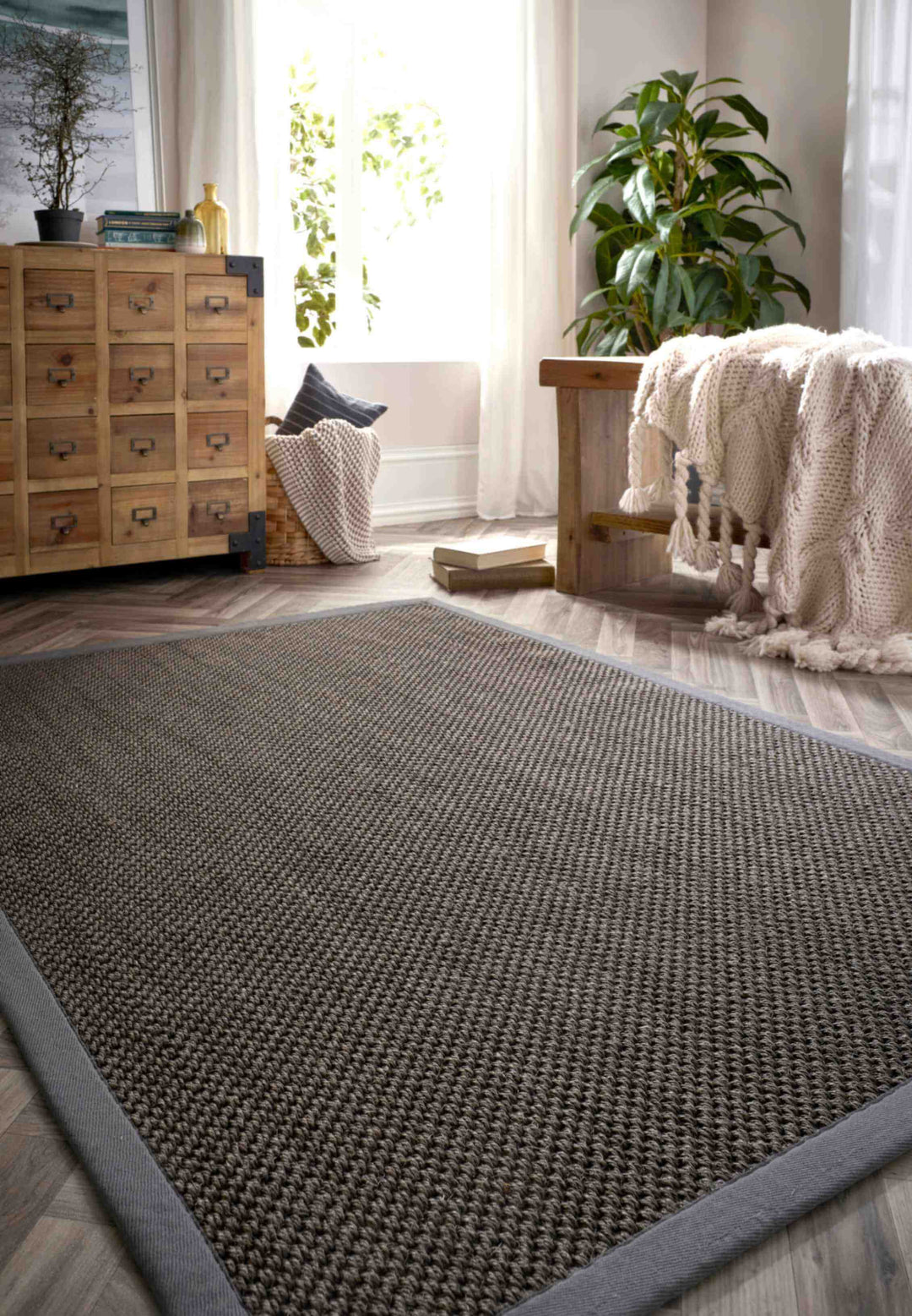 Bordered Dark Grey Non-Slip Sisal Rug