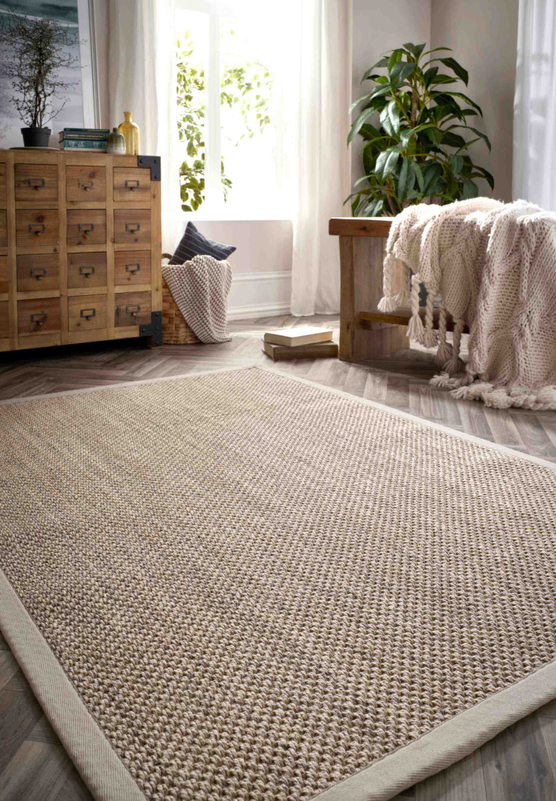 Bordered Light Beige Non-Slip Sisal Rug