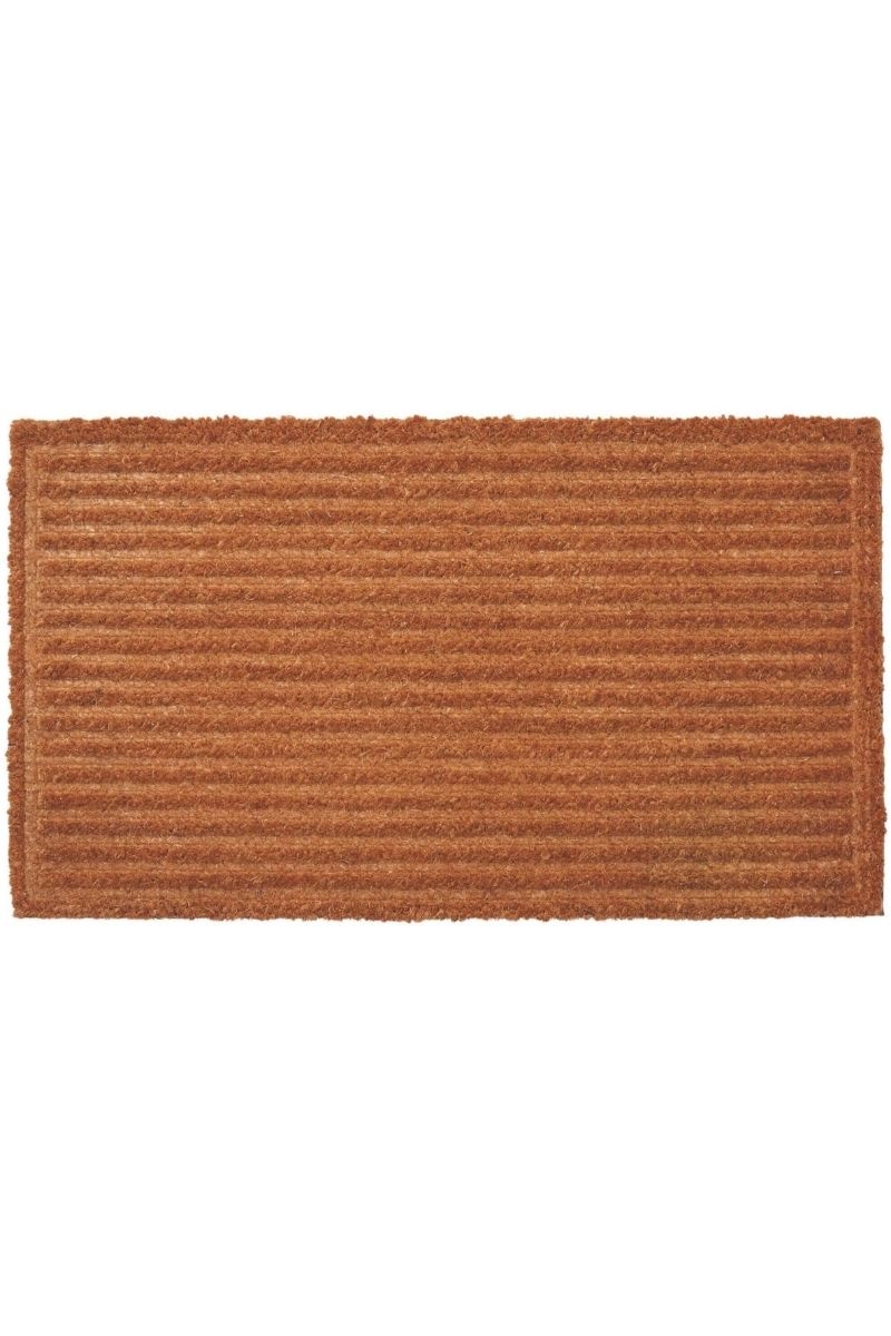 Brown doormat with a ribbed texture on a white background