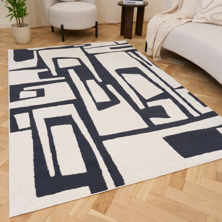 Geometric patterned rug on a wooden floor in a living room setting