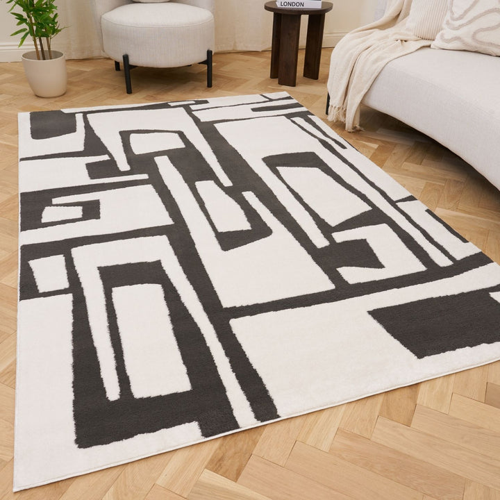 Geometric black and white rug on a wooden floor with a chair and plant in the background.