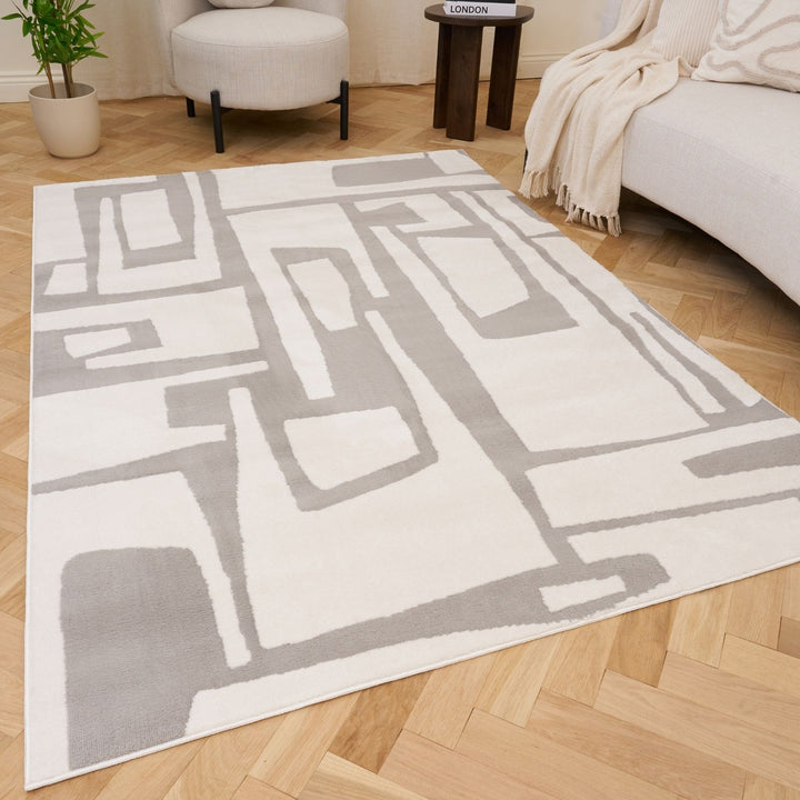 Abstract design grey rug, simple care, suitable for underfloor heating