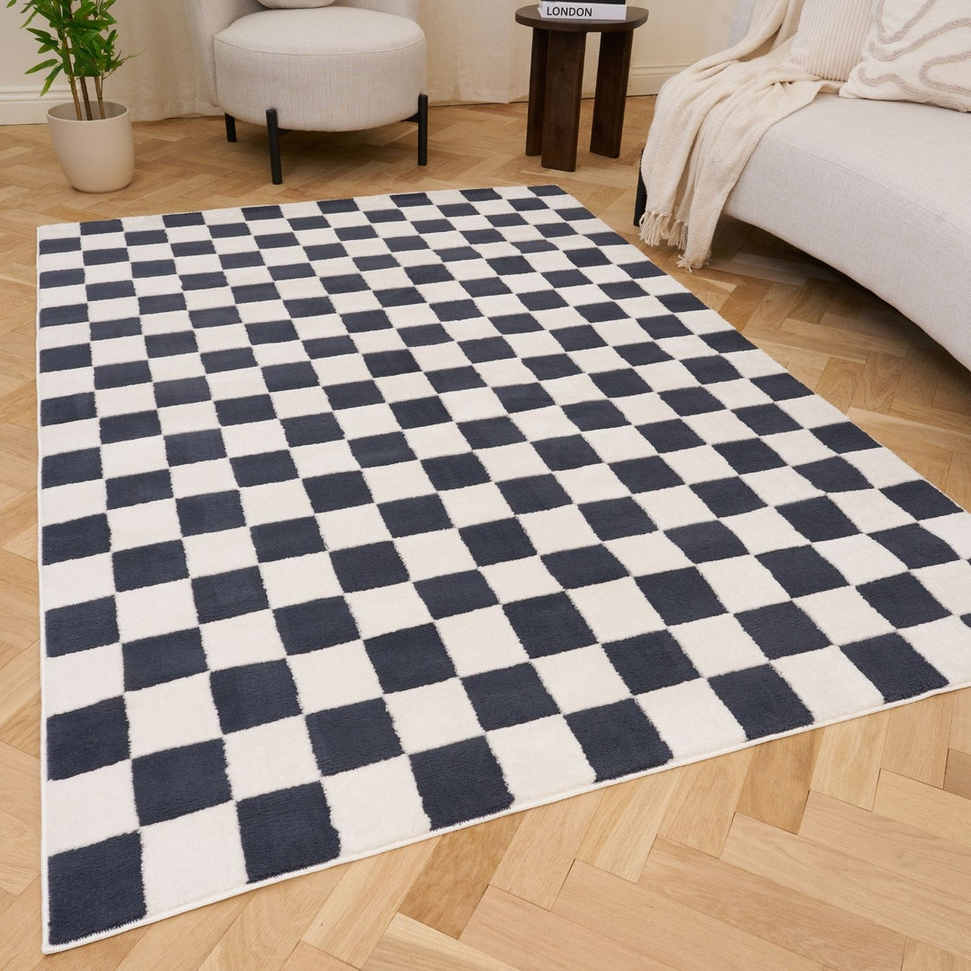 Checkerboard Blue Colour Rug 14 mm High–Low Pile, Easy Care