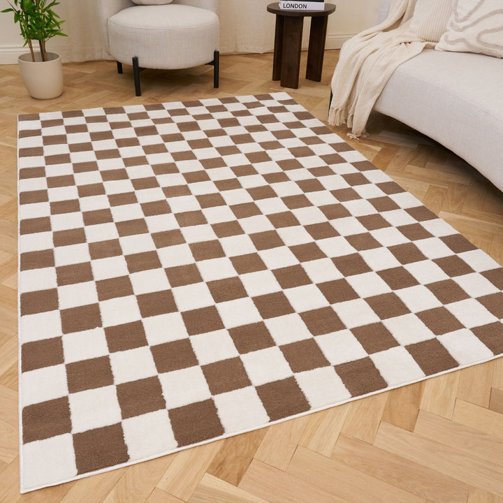 Checkerboard Brown rug, textured pile, Easy to clean, ideal for high traffic areas