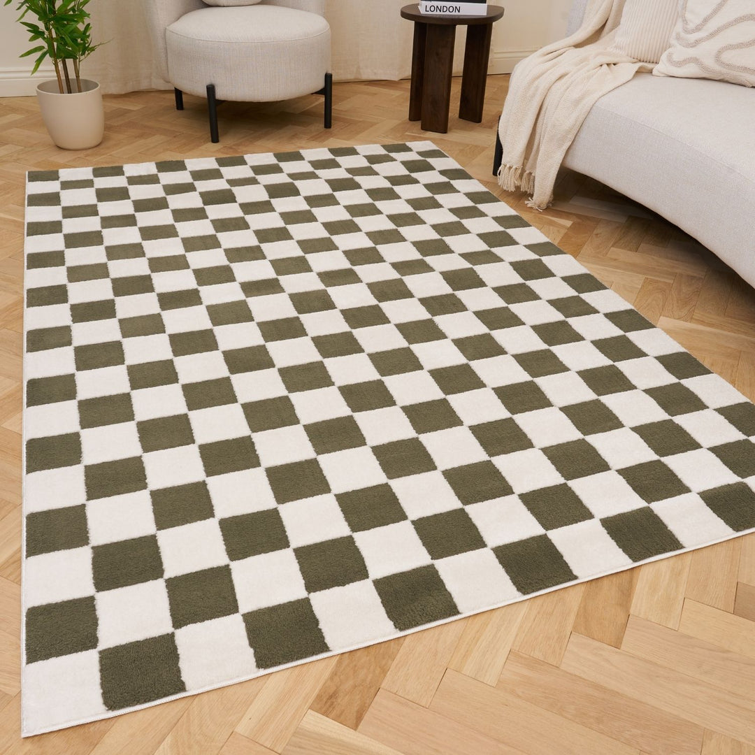 Checkerboard design green cream rug, non-shed, Fade- and stain-resistant
