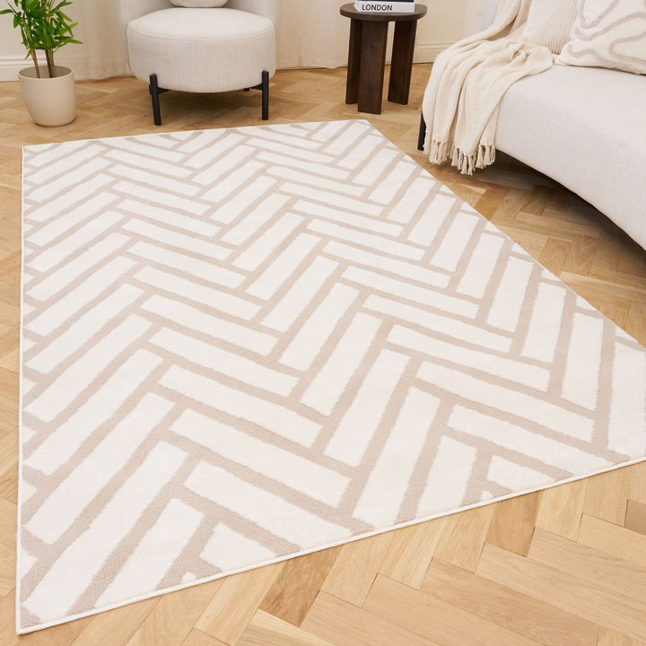 Beige Colour Chevron Design Rug Kids Pet Friendly, Easy Care.
