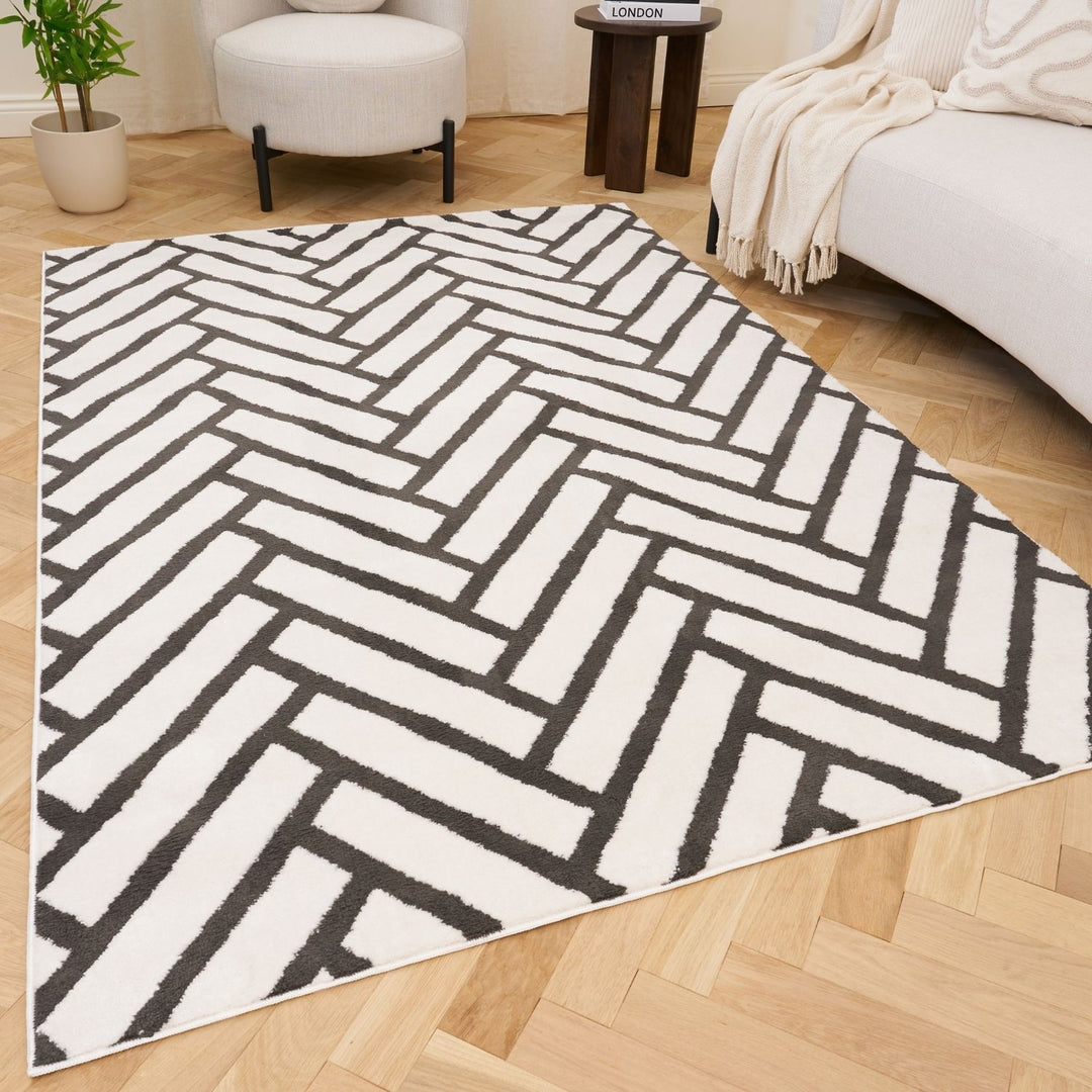Dark Grey Chevron Rug Low-Shed, Anti-Static, High-Low Pile Rug