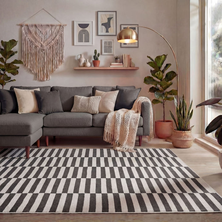 Living room with a gray sectional sofa, striped rug, and decorative elements.