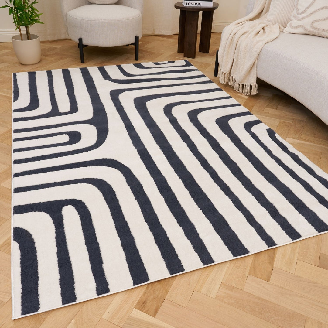 Blue Cream Rug Geometric Design, Suitable Underfloor Heating, Fade, Stain-Resistant
