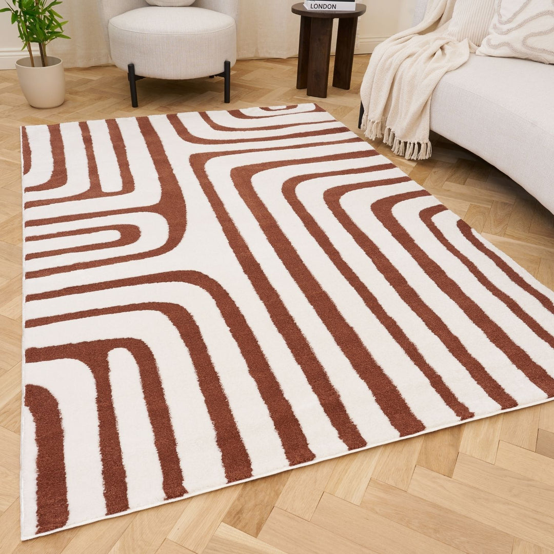 Patterned rug on a wooden floor with a living room setting
