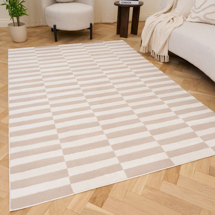 Beige and white checkered rug Underfloor Heating Compatible